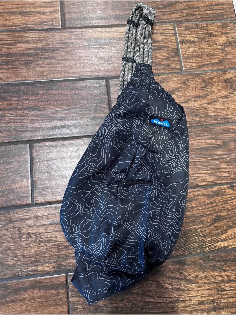 Kavu Black Topo Print Sling Bag with Gray Rope Strap